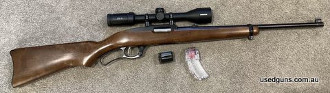 Ruger 22LR model 96 lever action in excellent condition. Cleaning out gun safe. Very little use. Minox ZV3 3-9 x 40 Scope in steel rings. Original magazine plus