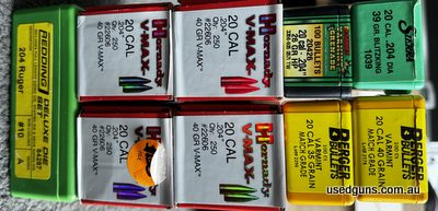 $1000 of gear for $650. 204 Ruger Redding Deluxe 3 die set, 4 boxes (250 each box) of Hornady 40gr V-Max, 1 box Berger 35gr match grade, 1 box Berger 40gr match