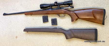 Nice little 222 Rem shoots really well be sad to let this one go. Comes with scope and two 5 shot mags plus bell and Carlson stock.