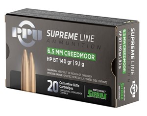 PPU
HR65CM
SUPREME LINE 
6.5 CREEDMOOR, 140GR, HPBT
LOADED WITH SIERRA MATCH KING
AMMUNITION

SPECIAL
$34.90 /PER 20
$319 /PER 200