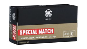 RWS
2134233
SPECIAL MATCH
22LR, 40GR, LRN
AMMUNITION

$26.95 /PER 50
$242.55 /PER 500