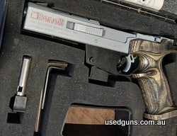 Benelli model MP95E 22LR. Is in excellent condition and has done no work at all. Comes cased with 2 magazines. Has grey laminated grips.