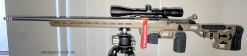 Tikka T3 left hand port with left hand bolt, sitting in a tan left hand mdt acc premier chassis pair with brand new krieger 26inch barrel, 7.5 twist, heavy varm