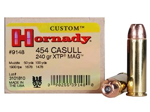 HORNADY 
H9148
CUSTOM
454 CASULL, 240GR, XTP HP
AMMUNITION

$79.90 /PER 20
$359.55 /PER 100