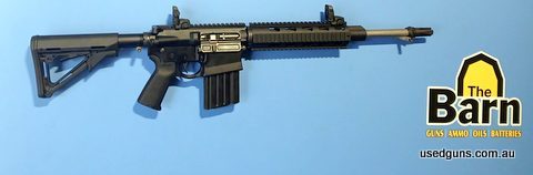 DPMS Panther Gen 2 308W. 20 shot, 16 inch barrel, Semi auto (Category D). Magpul Mbus sight set, Magpul CTR butt stock, Magpul Moe grip and Quad Rail forend.