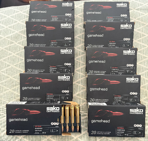 200 rounds of SAKO Gamehead .222R 50 gr soft point ammo. (10 packets of 20) which currently retails around $50 per packet of 20 rounds.