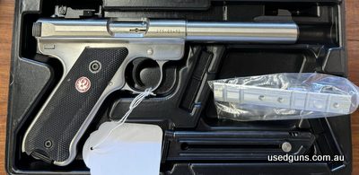 Ruger Mk III Target stainless 22LR Cat H Handgun. Comes with case, Picatinny rail + 2 mags. Is in excellent condition. Has a varmint barrel.