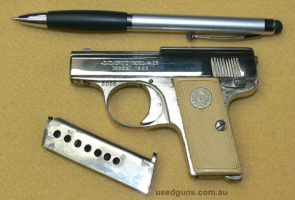 For a Collector: rare August Menz Lilliput 4.25mm centre fire semi auto pistol in good condition. One grip panel is cracked and has been repaired. These micro c