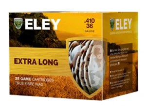 ELEY
EEL4106
EXTRA LONG
410 GAUGE, 3 INCH, 6 SHOT
AMMUNITION

SPECIAL 
$29.90 /PER 25
$245 /PER 250
