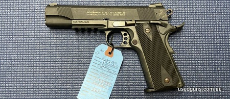 Very good condition Colt 1911 Railgun in 22LR. Sports a 5 inch barrel in very good condition. Large beavertail safety, adjustable iron sights. Racks well. Picat
