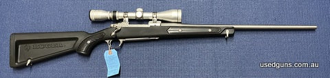 Very good condition Ruger M77 Paddle stock chambered in 243W. Has a Silver Antler 3-9x40 scope mounted. Sports a 22 inch barrel. Cycles well, barrel in very goo