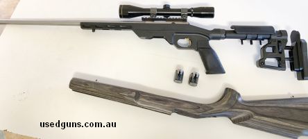 PRICE INCLUDES POSTAGE TO MOST PLACES, EGW RAIL, 2 MAGS, MDT LLS-22 STOCK AND ORIGINAL STOCK. GREAT LITTLE ACCURATE FAST ACTION RIFLE