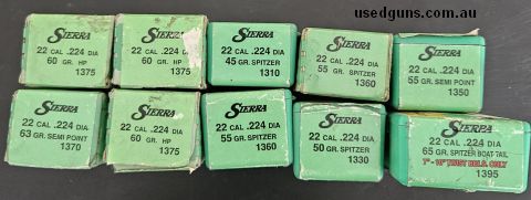 I have 10 boxes x 100 of Sierra 224 projectiles as follows. 60 grn hp x300 63 grn semi point x100 45 grn spitzers x 100 55 grn spitzers x 200 50 grn spitzers x 