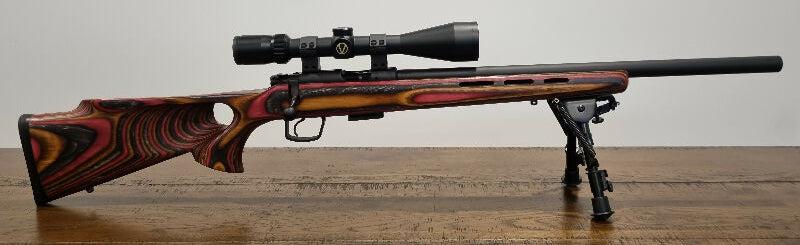 CZ 455 varmint in 17HMR. 20 inch bull barrel. 5 shot magazine. Barrel & action Cerakoted in Graphite Black. Boyds laminate thumbhole stock. Bedded & free floate