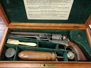 COLT 1851 NAVY
36CAL 6 SHOT
7.5" BARREL
MANUFACTURED 1851
SQUAREBACK TRIGGERGUARD
SCREW UNDER WEDGE
WITH ACCESSORIES
LONDON BREAKWELL CASE
#1383
VGC $22500