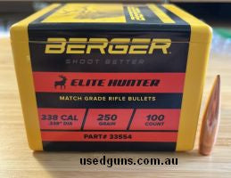 338cal 250grn Berger Elite Hunter match grade projectiles. 2 new boxes of 100 plus 1 box with 51 new and 7 pulled (251 new, 7 pulled in total) Price $300 plus p
