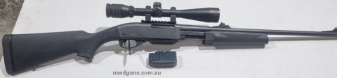 308 synthetic stock remington pump with scope, rail and two 4 shot magazines