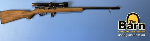 Sportco 71A 22LR semi Automatic cat c rifle. Comes with a 10 round magazine. Aussie made rimfire rifle. Has a Nikko scope that has a fine cross hair reticle and