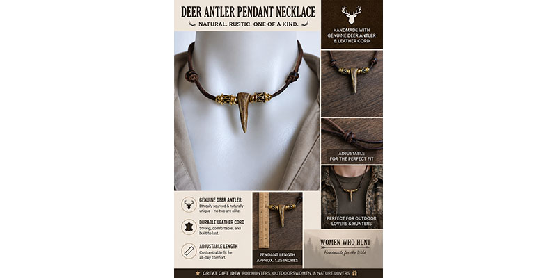 Handmade Deer Antler Pendant Necklace – Dark Antler with Brown Leather Cord