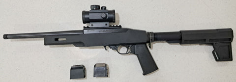 Ruger charger 22, set up in a Kidd chassi with arm brace. 2 ten shot magazines