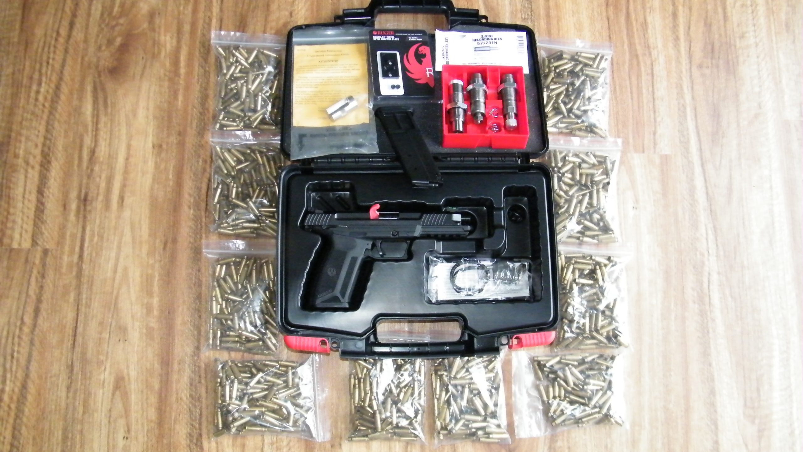 Ruger Mod 57 NIB Unfired 5.7x28 FN Semiauto and optic adapter plate. with all you need to reload. Lee 3 Set Dies, Sheridan Optic Plate, Over 1000 Fired Brass, p